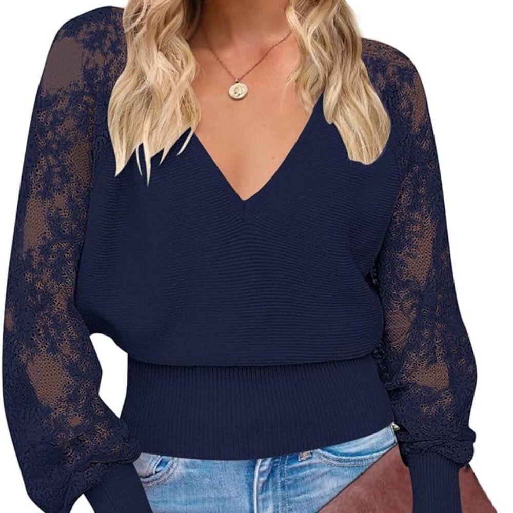 MEROKEETY Womens V Neck Lace Long Sleeve Ribbed Knit Sweater, XL Midnight Blue